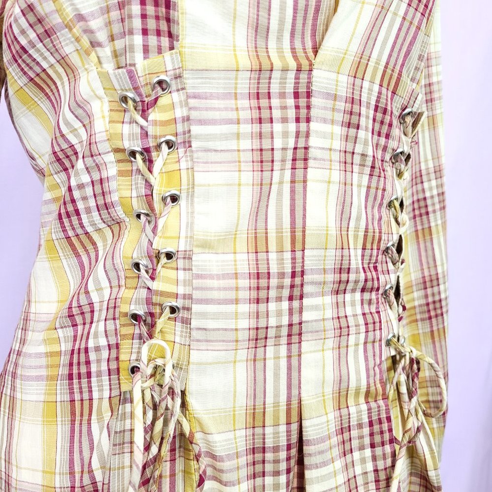 Anthropologie Guest Editor tan gingham blouse w/ corset detail - Picture 3 of 4